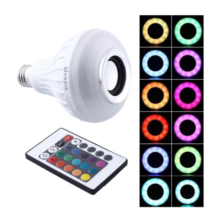 Bombillo LED RGB con bocina Bluetooth integrada, mostrando luz de color.