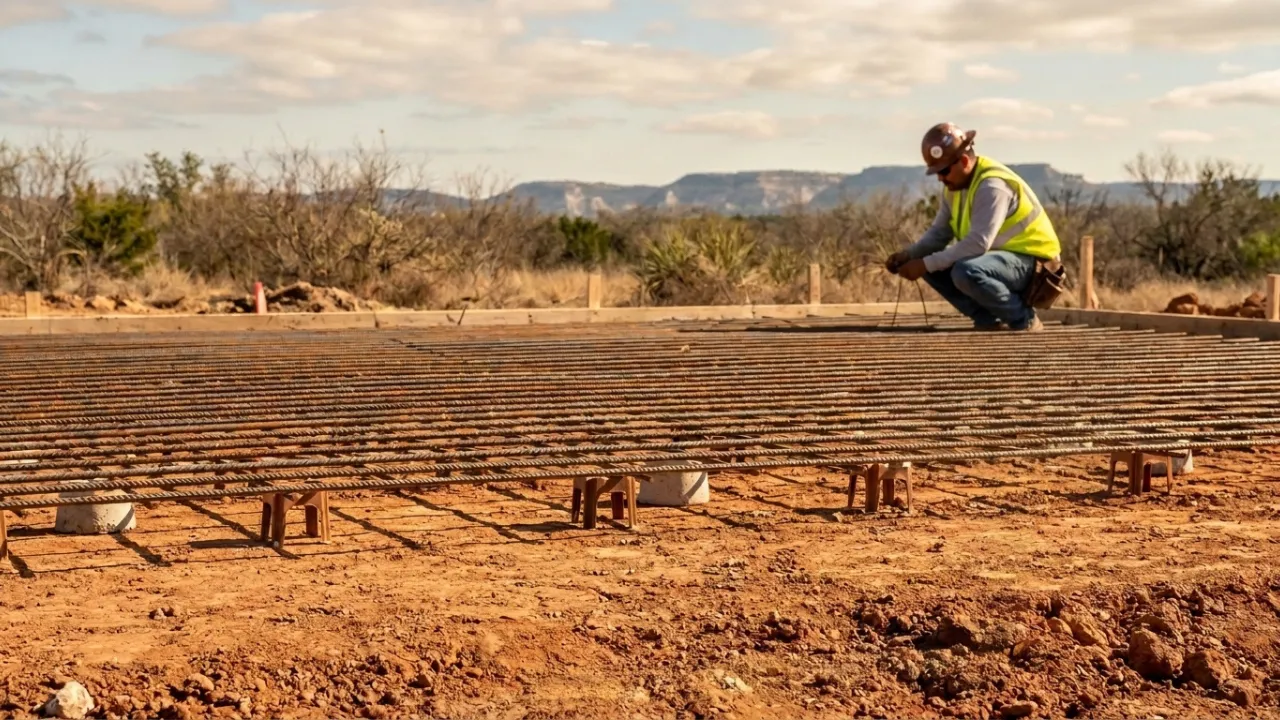Rebar grid elevated on chairs over compacted crushed stone base ready for concrete pour on a San Antonio parking pad showing proper steel placement