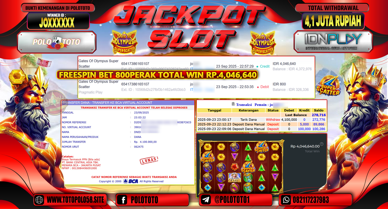 POLOTOTO JACKPOT SLOT GATES OF OLYMPUS SUPER SCATTER Rp.4.100.000,- LUNAS