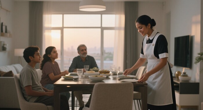 Filipina maid is setting the dining table carefully