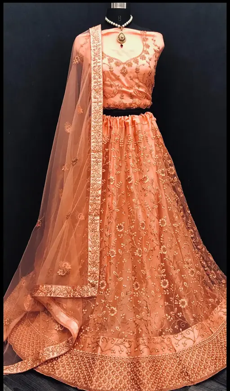 Elegant Peach Net Lehenga Choli by Gopinath Enterprise - Semi-Stitched Blouse with Extra Inner and Dupatta, Ideal for Weddings, Festivals, and Parties (R225)