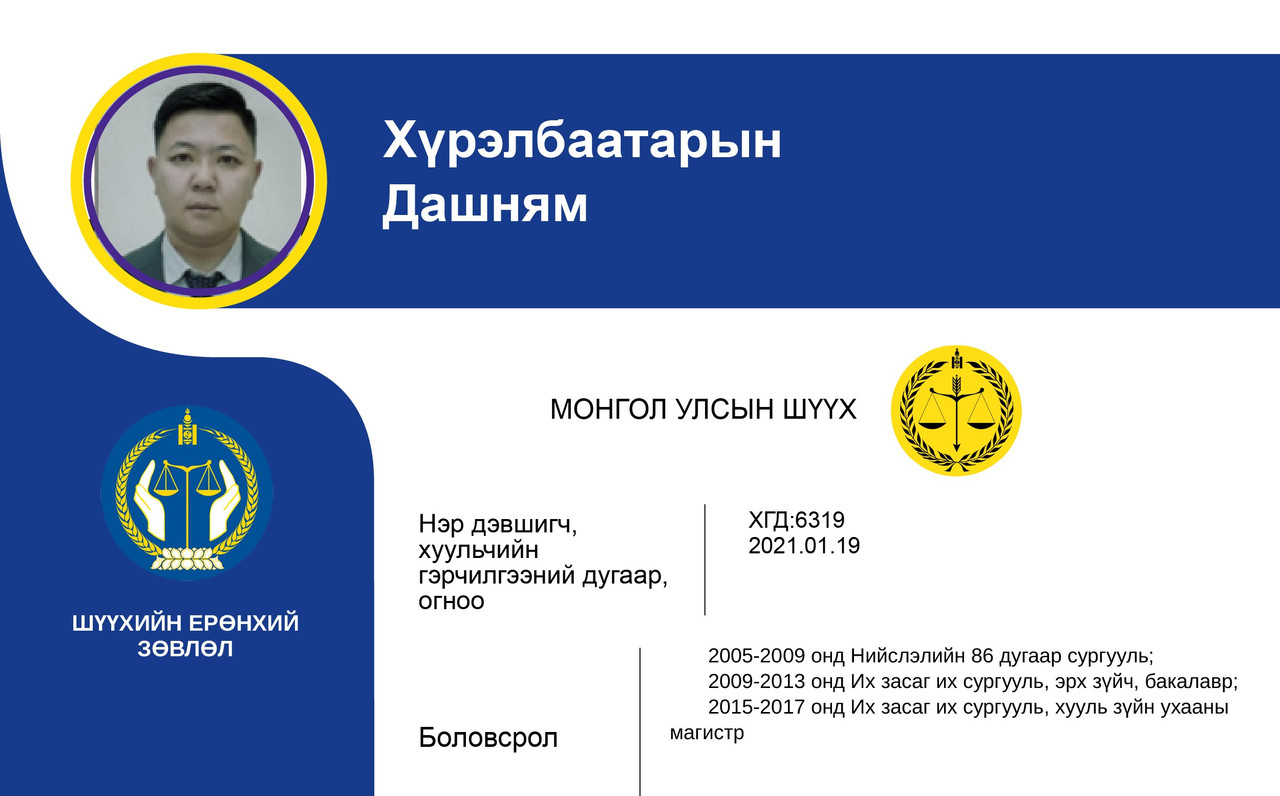Эрүү, Иргэний хэргийг харьяалан шийдвэрлэх анхан шатны шүүхийн шүүгчид нэр дэвшигч Х.Дашнямын мэргэжлийн үйл ажиллагааны танилцуулга