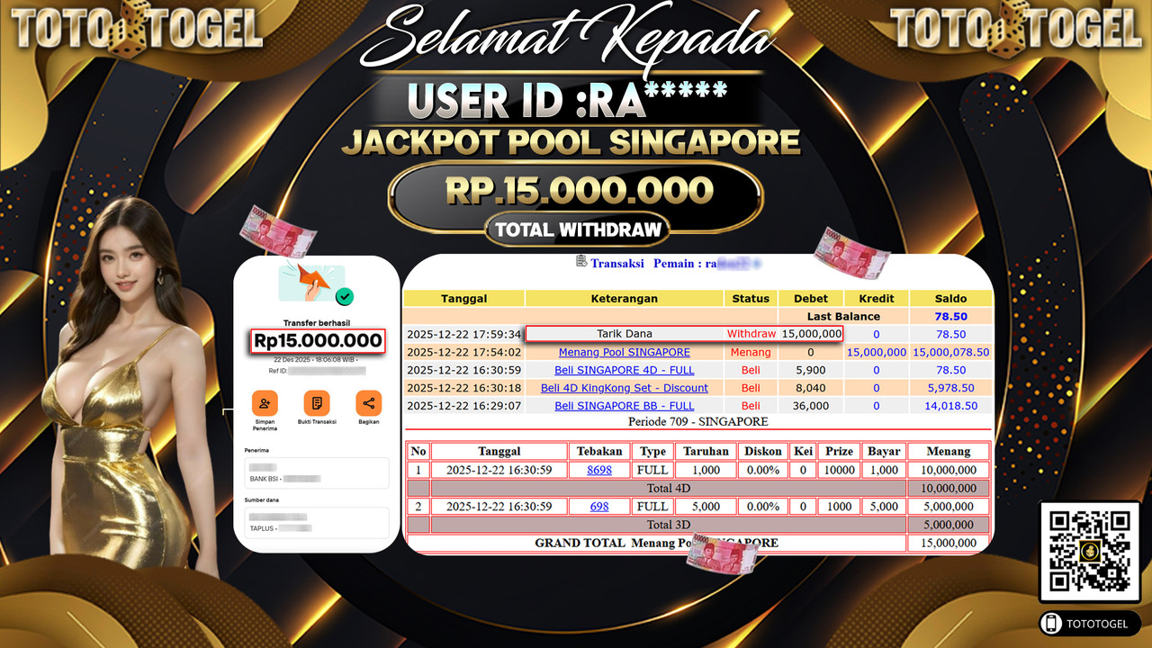 Bukti Pembayaran Jackpot Permainan Togel Pool Singapore ID:RA**** LUNAS