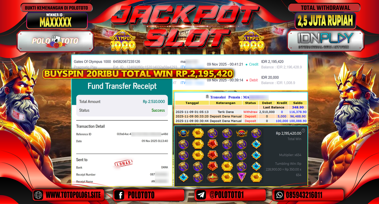 POLOTOTO JACKPOT SLOT GATES OF OLYMPUS 1000 Rp.2.500.000,- LUNAS
