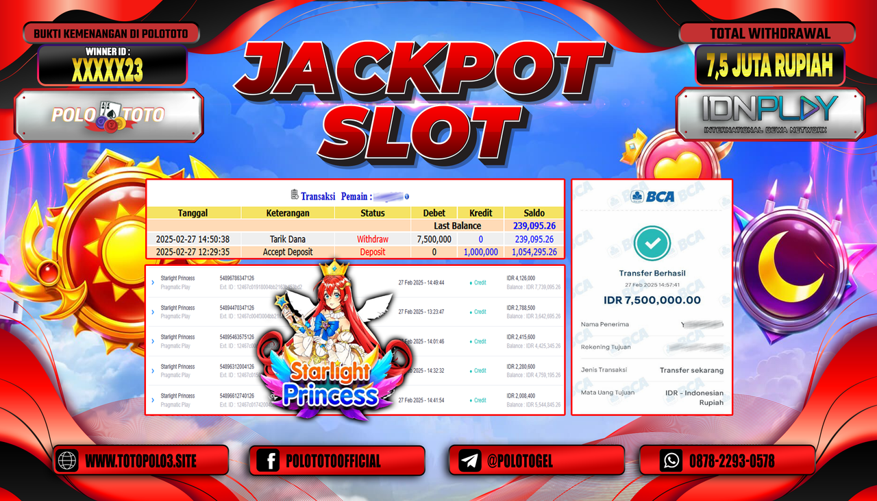 POLOTOTO JACKPOT SLOT STARLIGHT PRINCESS Rp.7.500.000,-