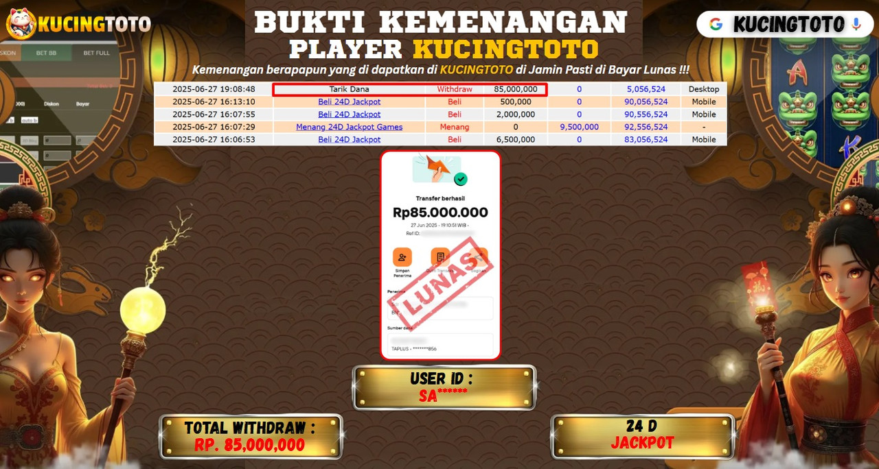 KUCINGTOTO JACKPOT 24D SPIN RP.85.000.000.,- LUNAS