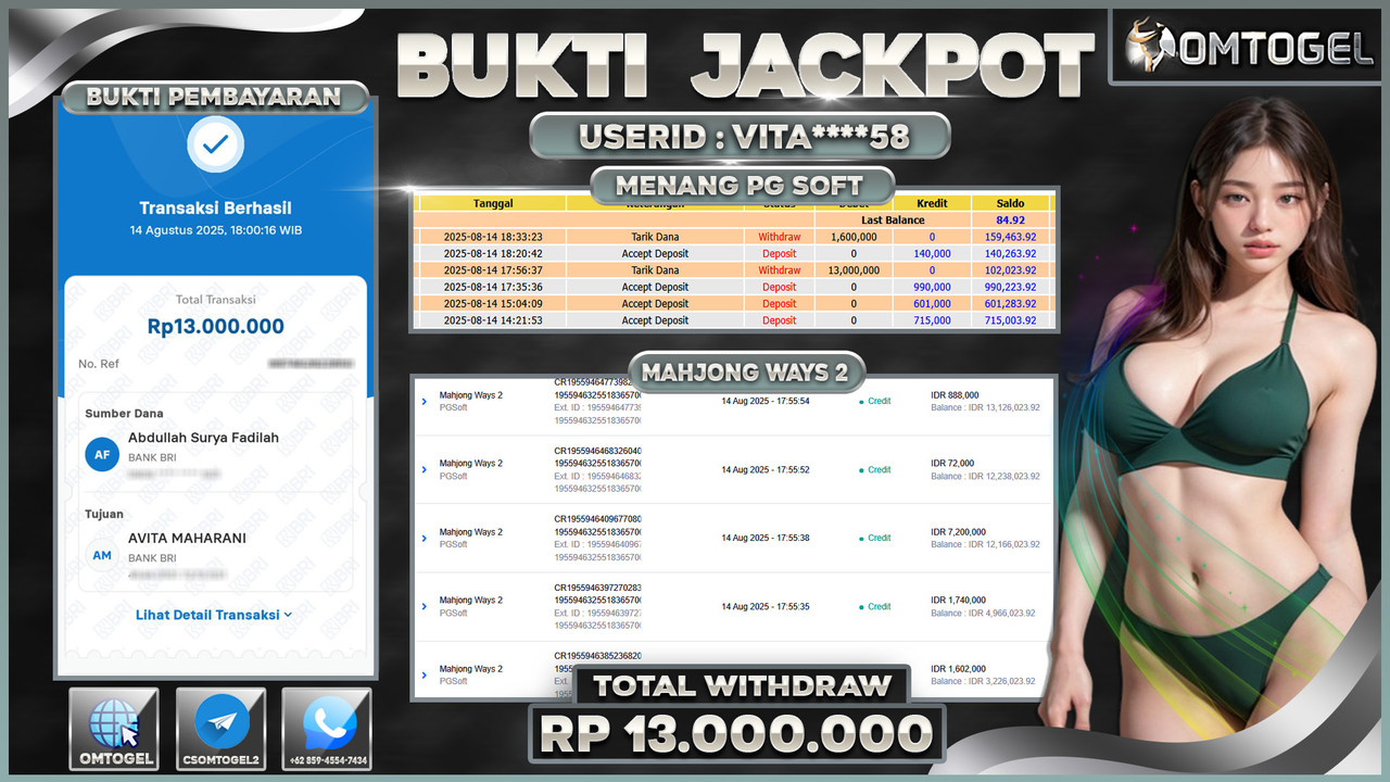 OMTOGEL JACKPOT PGSOFT MAHJONG WAYS 2 13 JUTA DI BAYAR LUNAS ,-
