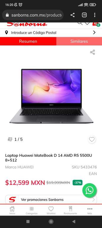 Sanborns: Laptop Huawei Matebook D14 -> Ryzen5 500U, 8GB RAM, 512 SSD 
