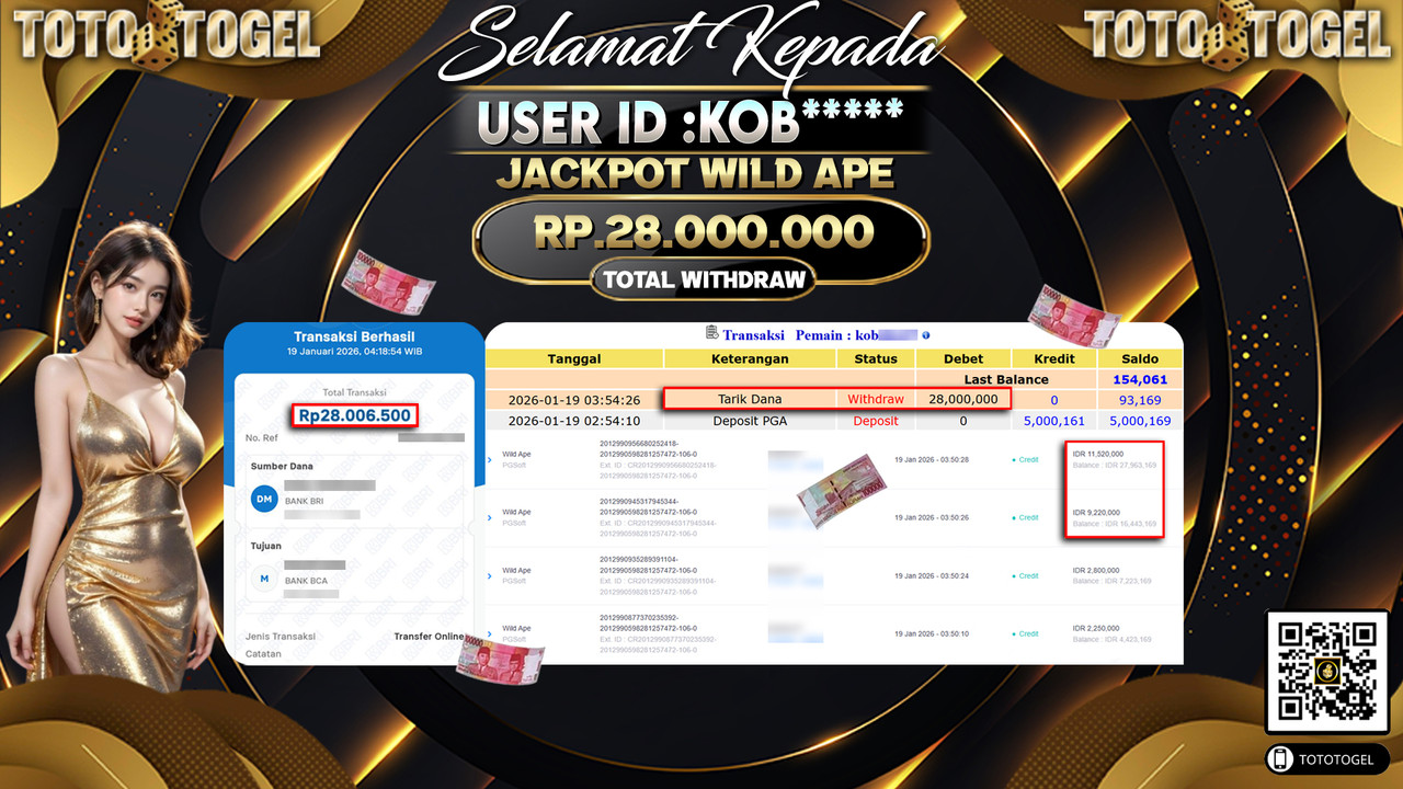 Bukti Pembayaran Jackpot Permainan Slot Wild Ape ID:KOB*****LUNAS