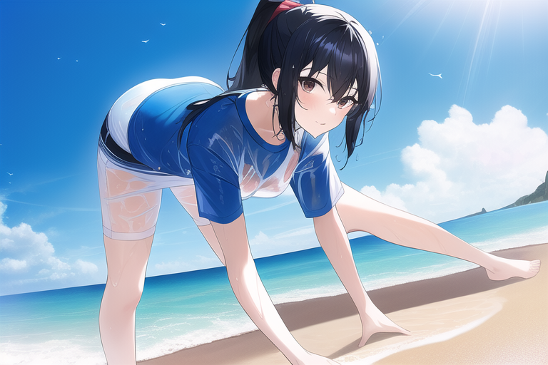 Best quality, masterpiece, small breasts, wet clothes, beautiful light, beach, s s-3067208662