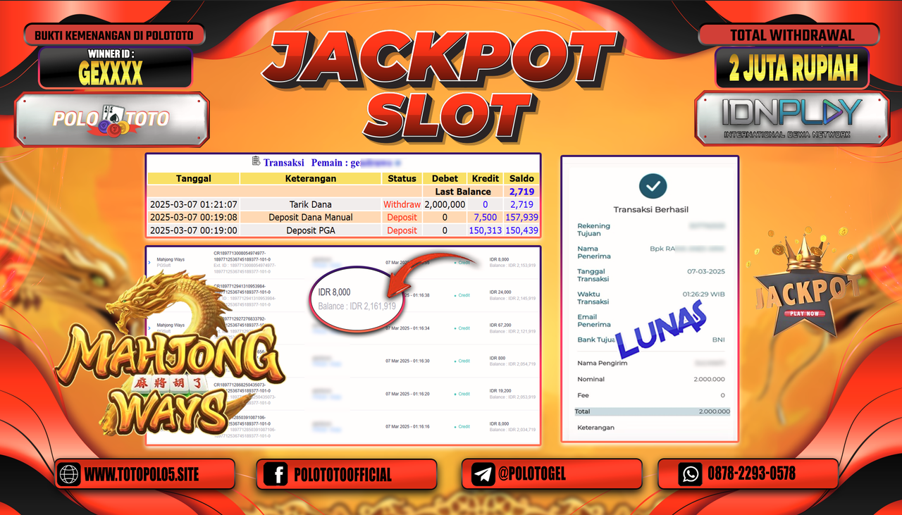 POLOTOTO JACKPOT SLOT MAHJONG WAYS Rp.2.000.000,-
