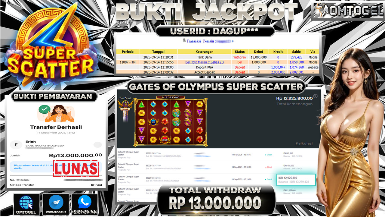 OMTOGEL JACKPOT PRAGMATIC PLAY GATES OF OLYMPUS SUPER SCATTER 13 JUTA DI BAYAR LUNAS ,-