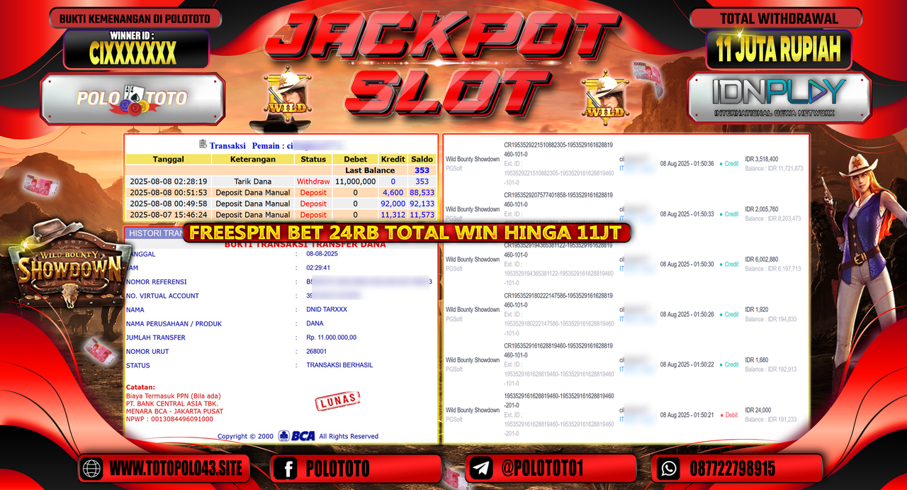 POLOTOTO JACKPOT SLOT WILD BOUNTY SHOWDOWN Rp.11.000.000,-LUNAS