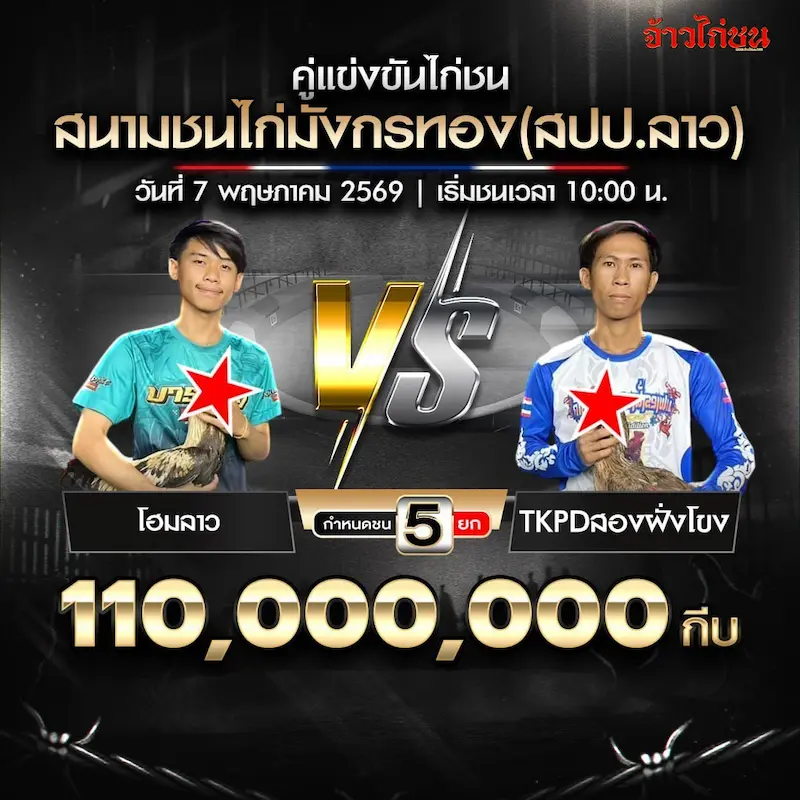 โปรแกรมไก่ชน สนามชนไก่มังกรทอง 7 พฤษภาคม 2569 โฮมลาว vs TKPDสองฝั่งโขง