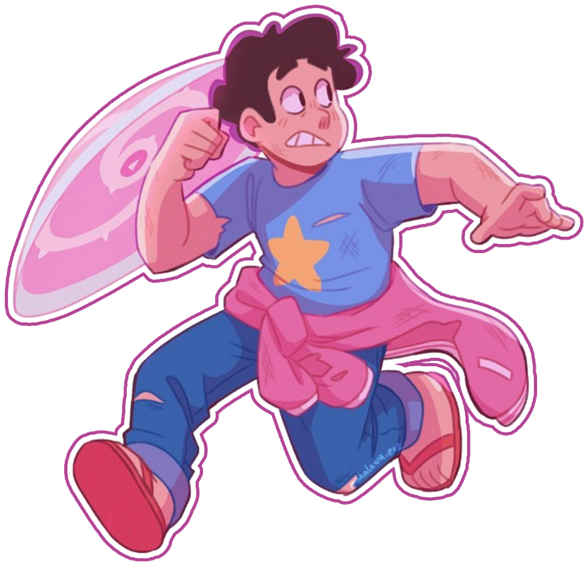 Steven Universe running from something, his shield up and his clothes torn as he looks fearful. : Art by @makalawa.exe on Instagram. Click on the image to be sent directly to the post the art comes from.