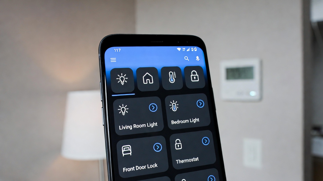 Smartphone screen showing smart home app dashboard with lights thermostat and door lock controls