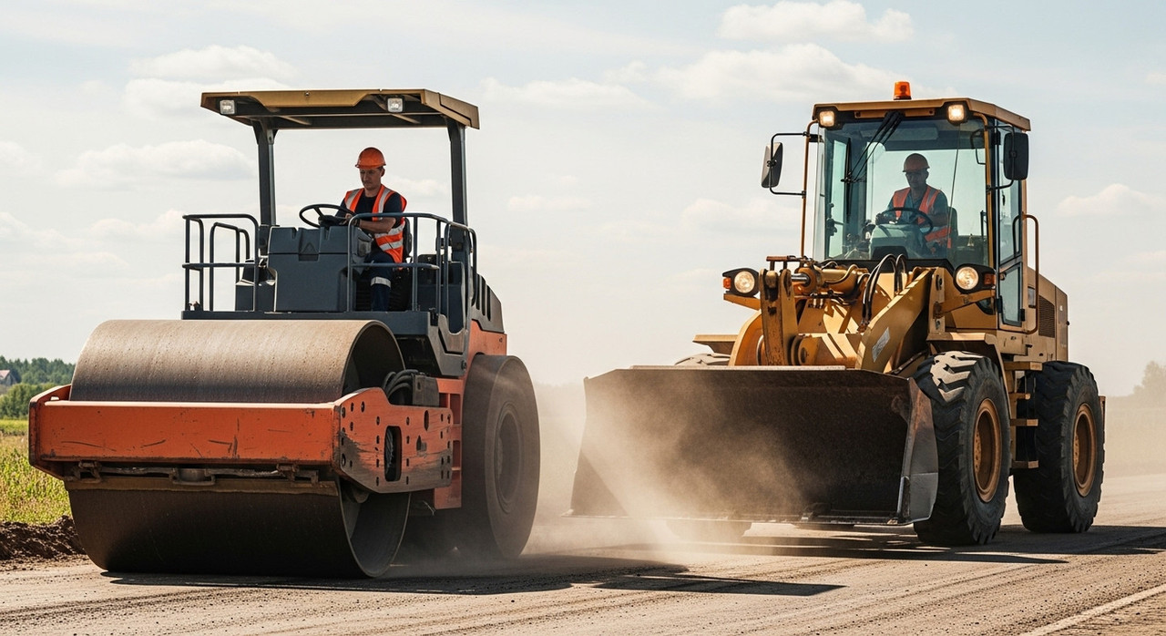 Дорожный каток и фронтальный погрузчик на ремонте дороги, демонстрация тяжёлых условий эксплуатации, подчёркивание влияния режимов работы на ресурс турбины