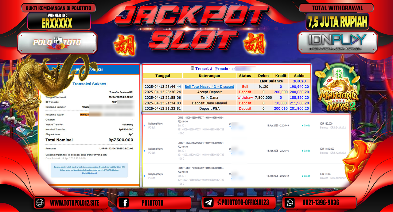 POLOTOTO JACKPOT SLOT MAHJONG WAYS Rp.7.500.000,- LUNAS