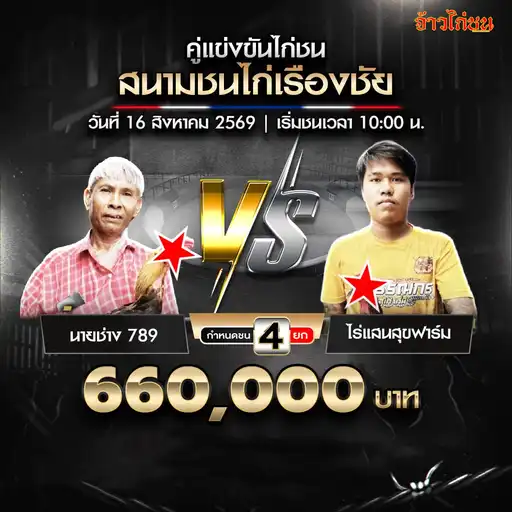 นายช่าง 789 พบ ไร่แสนสุขฟาร์ม สนามชนไก่เรืองชัย วันที่ 16 สิงหาคม 2569