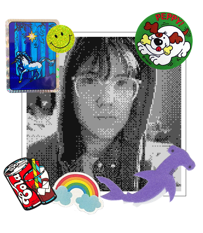 black-and-white, pixelated, Gameboy Camera-ified portrait of Mel with their hood up