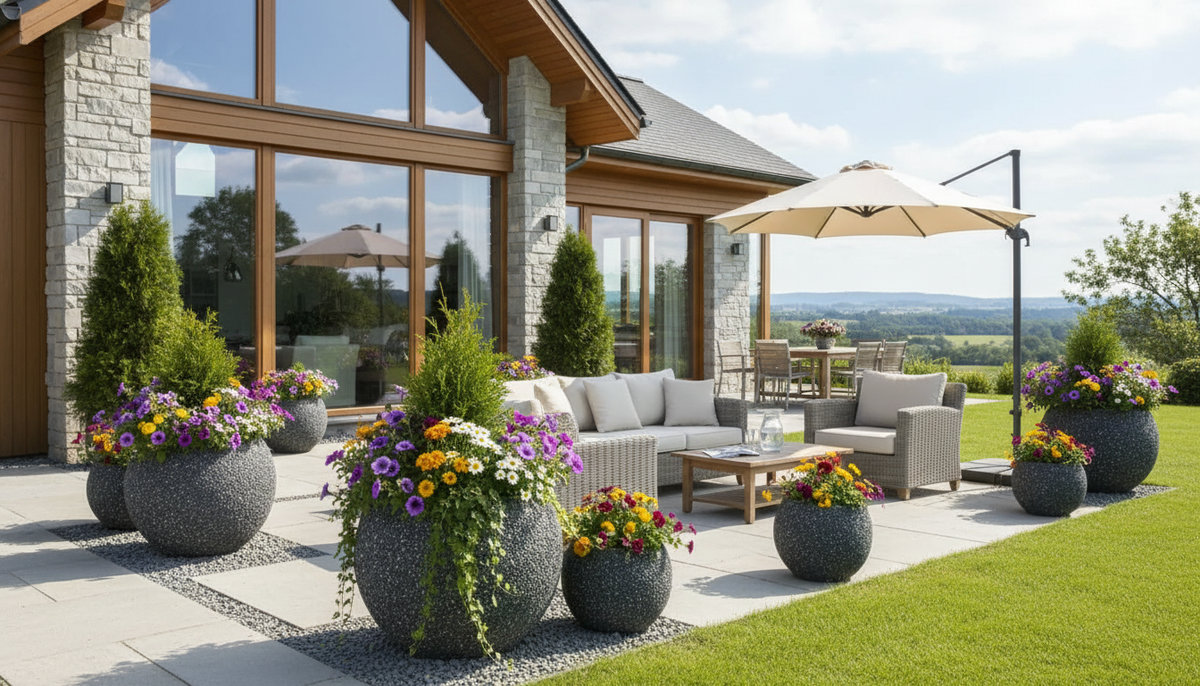 Переход от террасы к барбекю-зоне с помощью лавочек, арок и вазонов Зонирование участка малыми архитектурными формами