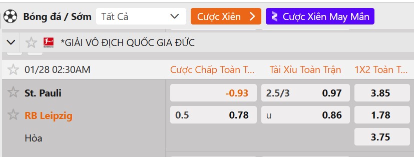 Tỷ lệ kèo St. Pauli vs RB Leipzig