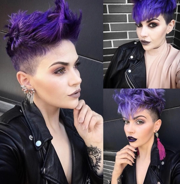 Leather jacket, a tutu, and a smokey eye on a girl with a mohawk purple hairdo