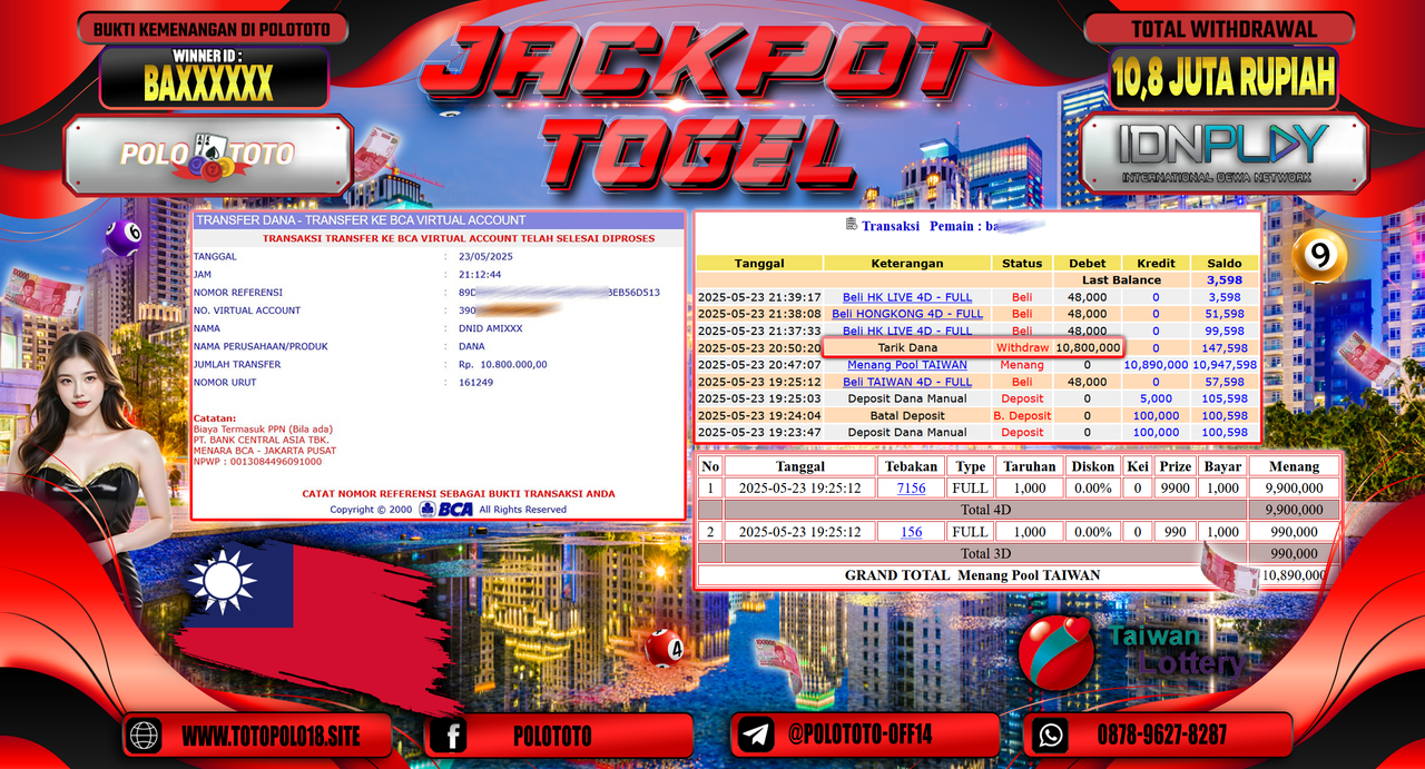 POLOTOTO JACKPOT TOGEL TAIWAN POOLS Rp.10.800.000,-