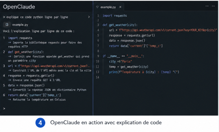 OpenClaude en action avec explication de code Python dans un environnement développeur
