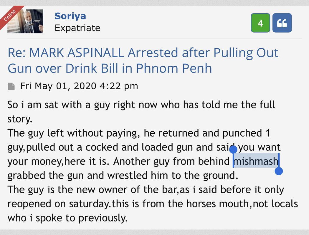 Drunk Westerner skips bill, pulls gun (Mark Aspinall “Mishmash” from