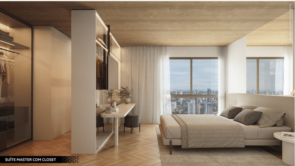 Suíte master espaçosa do Jardins Júlia Cavalcanti com acabamento premium e iluminação natural