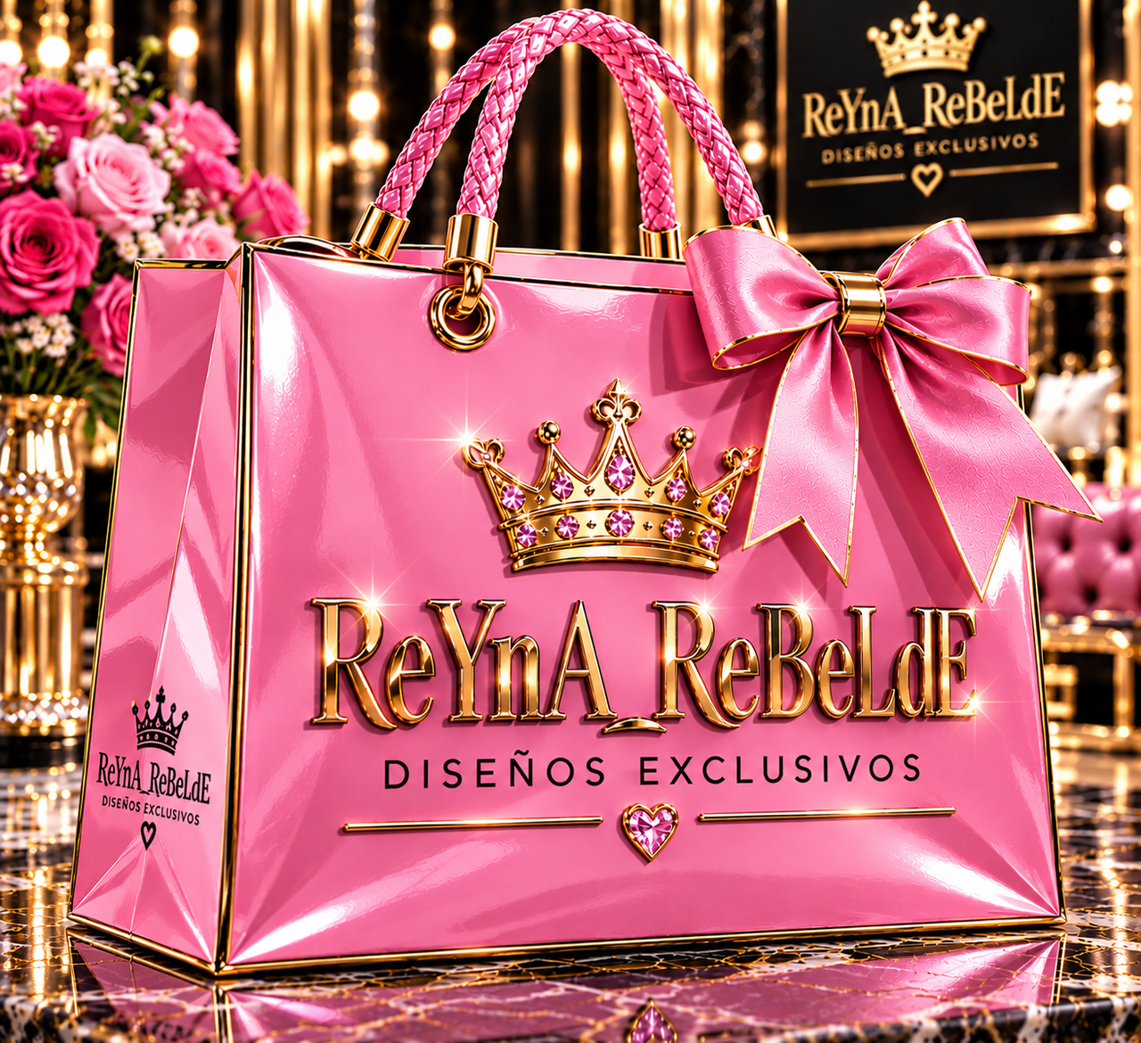 Bolso rosa de lujo con corona dorada