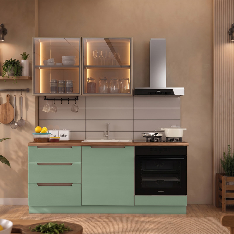 Hera 180 cm Mutfak Dolabı Seti %100 MDF Ledli Fırın Modüllü Çekmeceli Raflı Mutfak Dolabı Takımı 5 Modül Tezgah Dahil Yeşil Bej