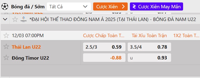 Tỷ lệ kèo U22 Thái Lan vs U22 Timor Leste
