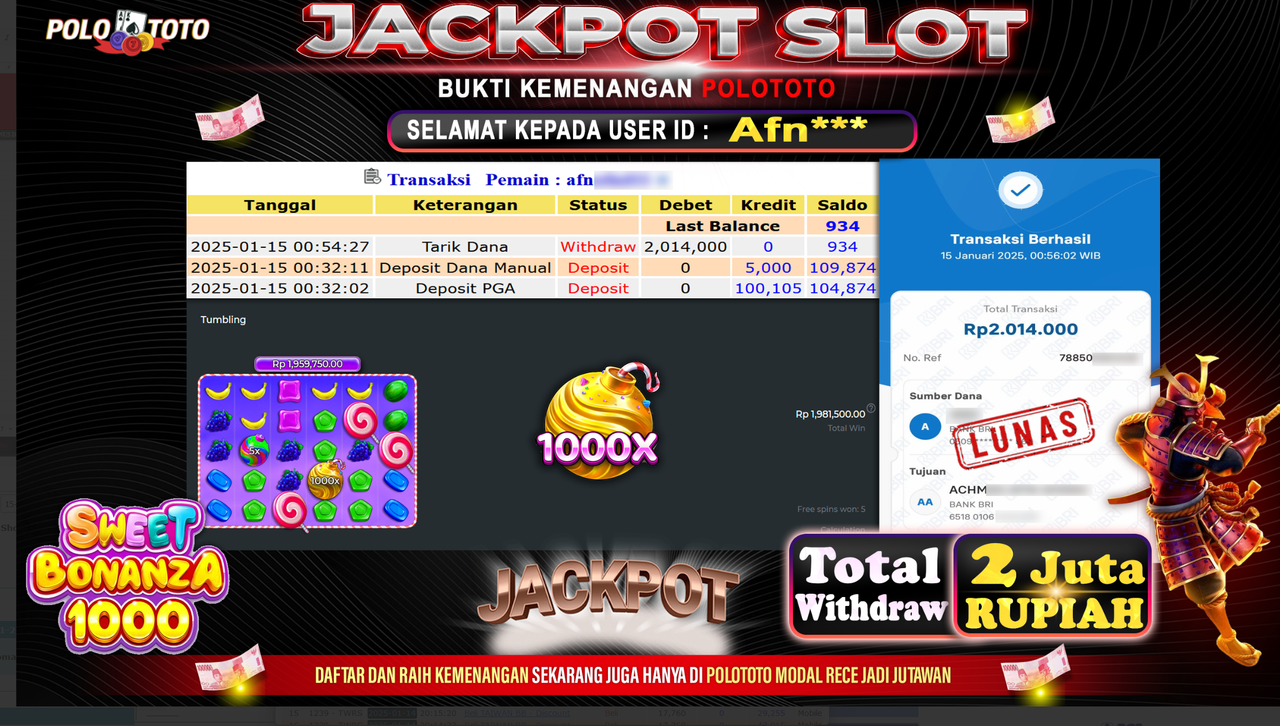POLOTOTO JACKPOT SLOT SWEET BONANZA 1000 Rp.2,014.000,-