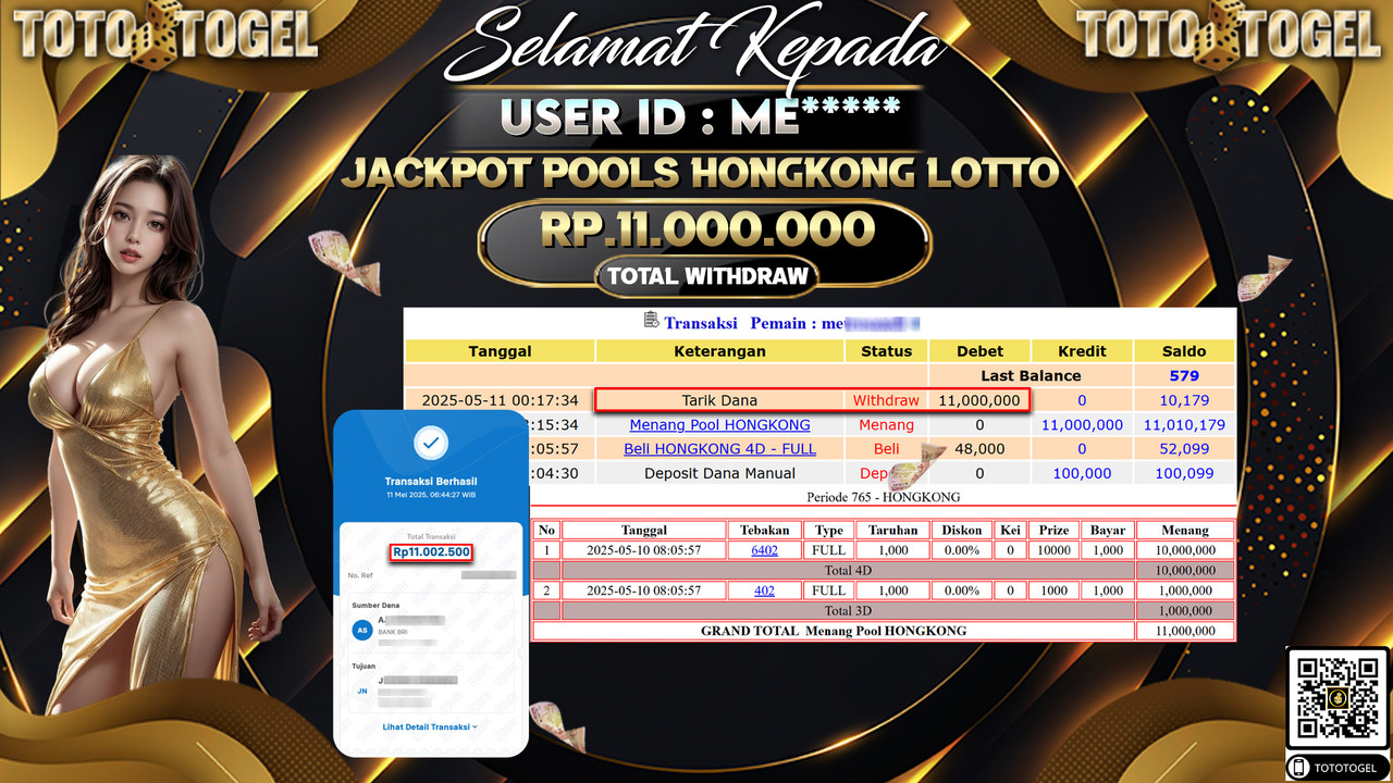 Bukti Pembayaran Jackpot  Permainan Togel Pools Hongkong Lotto ID:ME***** LUNAS