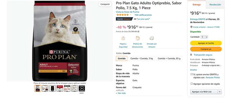 Amazon: Pro Plan Gato adulto 7.5KG 
