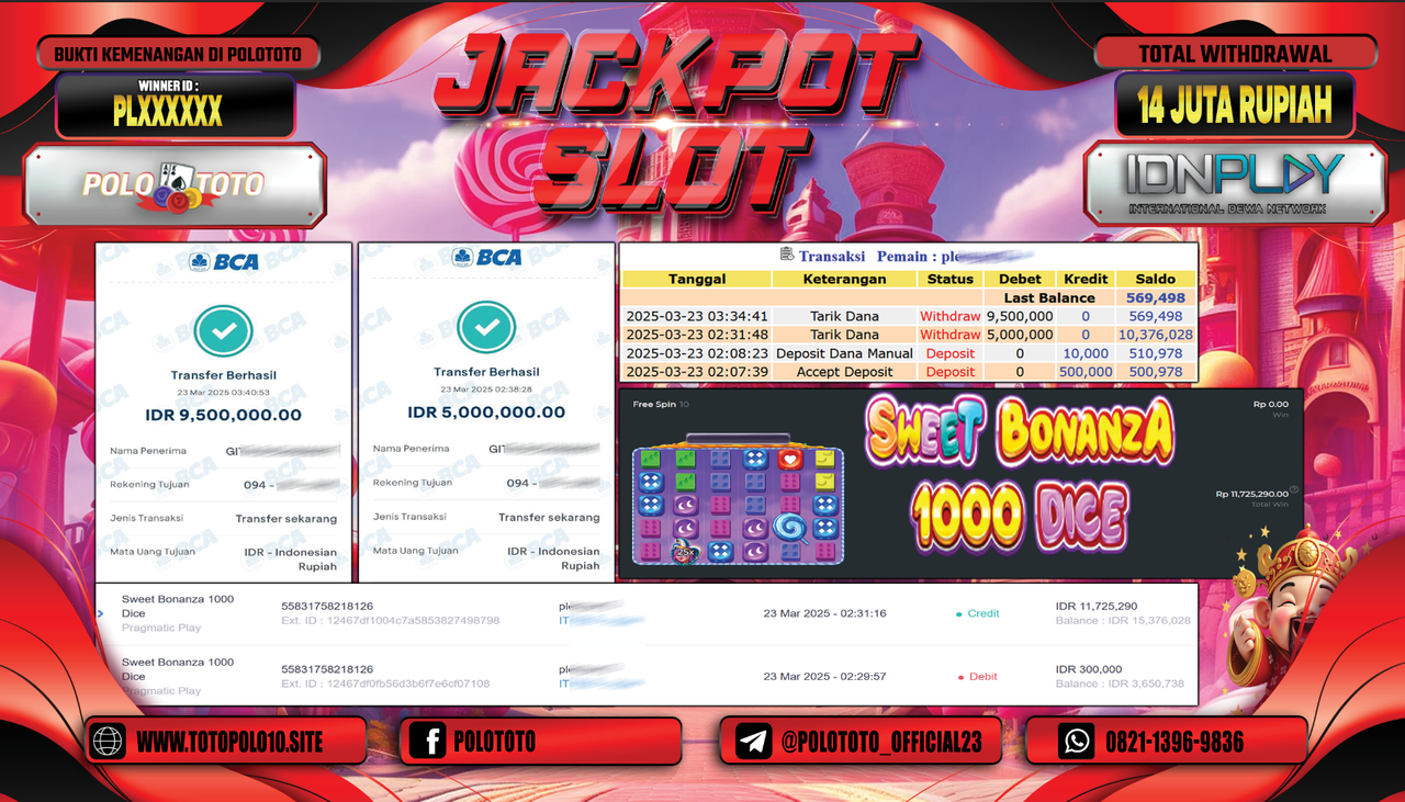 POLOTOTO JACKPOT SLOT SWEET BONANZA DICE 1000 Rp.14.500.000,- 