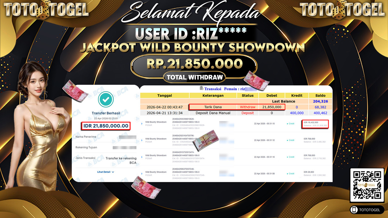 Bukti Pembayaran Jackpot Permainan Slot Wild Bounty Showdown ID:RIZ*****LUNAS