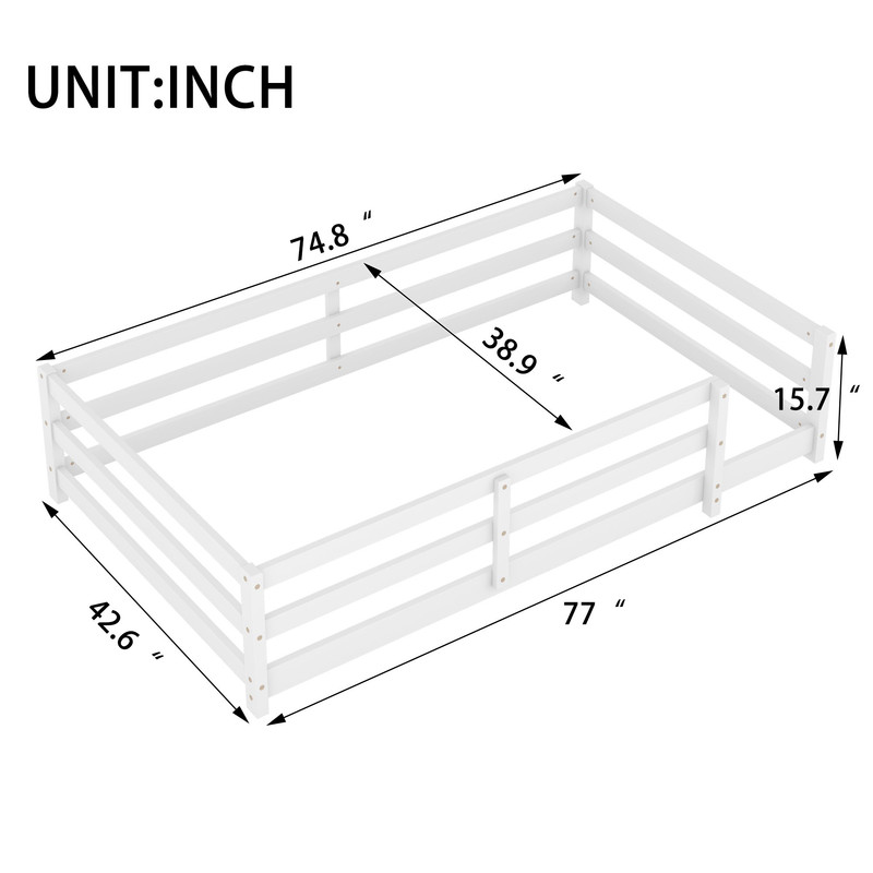 Montessori White Wood Twin Floor Bed with Metal Fence - Picture 4 of 8