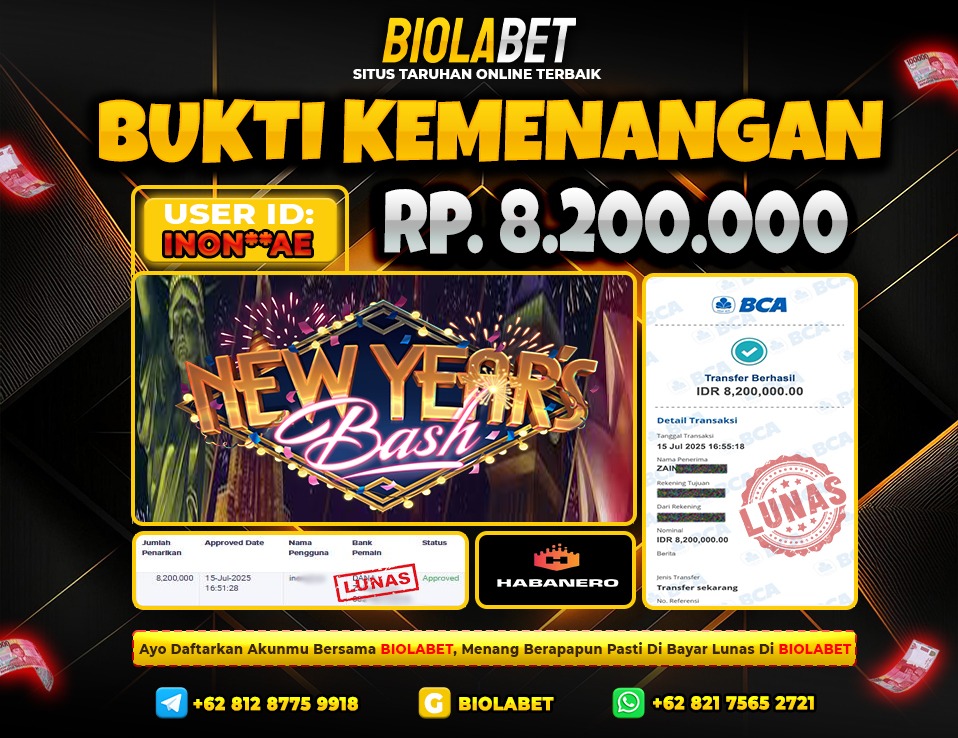 BIOLABET JACKPOT HABANERO NEW YEARS BASH Rp.8.200.000.,- LUNAS
