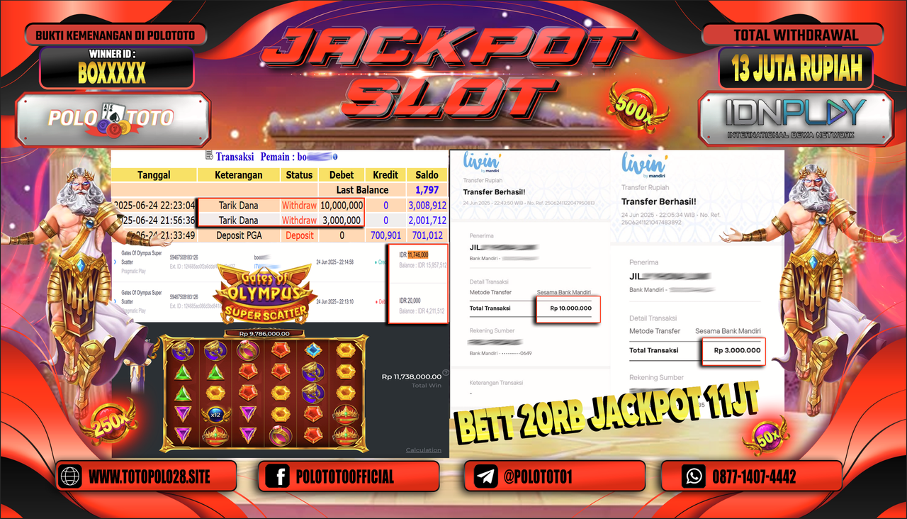 POLOTOTO JACKPOT SLOT GATES OF OLYMPUS SUPER SCATTER Rp.13.000.000,-