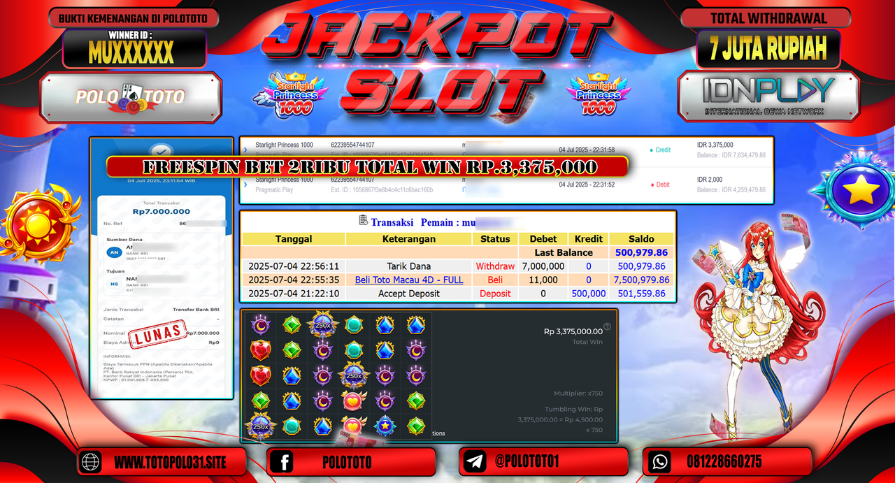 POLOTOTO JACKPOT SLOT STARLIGHT PRINCESS 1000 Rp.7.000.000,-