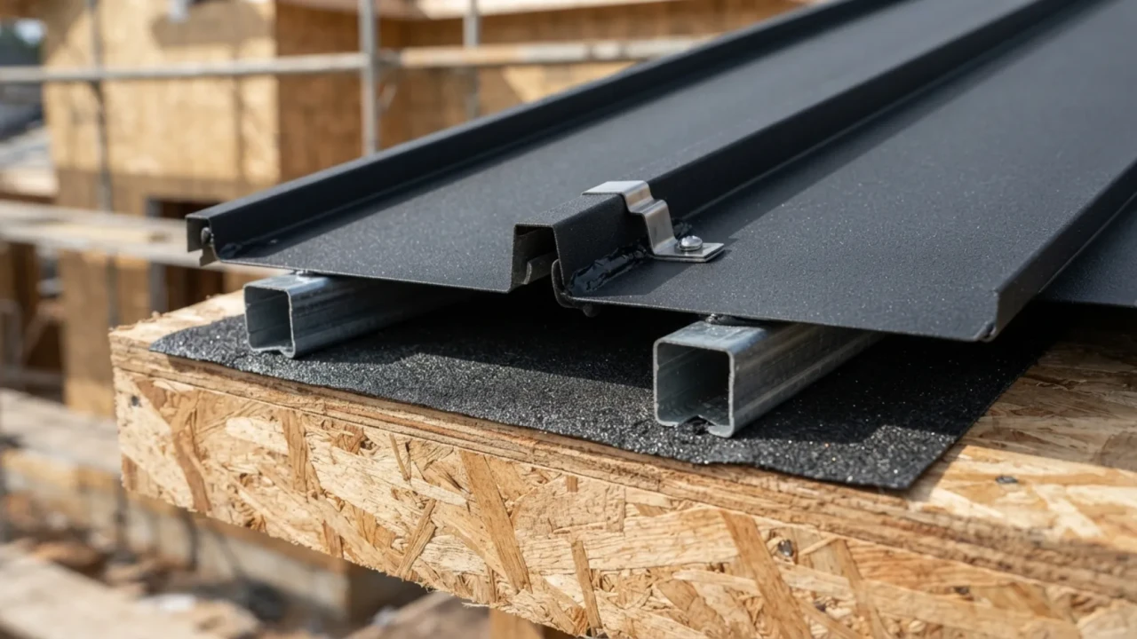 Cross section diagram showing all layers of a metal roofing system from decking to panel surface