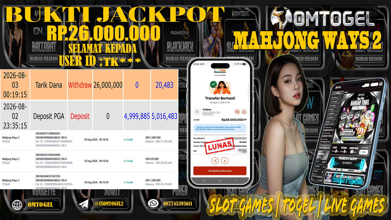 OMTOGEL JACKPOT PG SOFT MAHJONG WAYS 2  Rp,26,000,000,- DIBAYAR LUNAS
