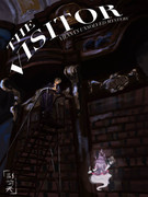 digital art of a dark library lit by moonlight with a boy and a ghost, along with white text along the top reading "THE VISITOR; VIENNA'S UNSOLVED MYSTERY.