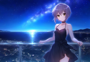 1girl, nagato yuki (suzumiya haruhi no yuuutsu), black dress, Leaning on a rooft s-81433964