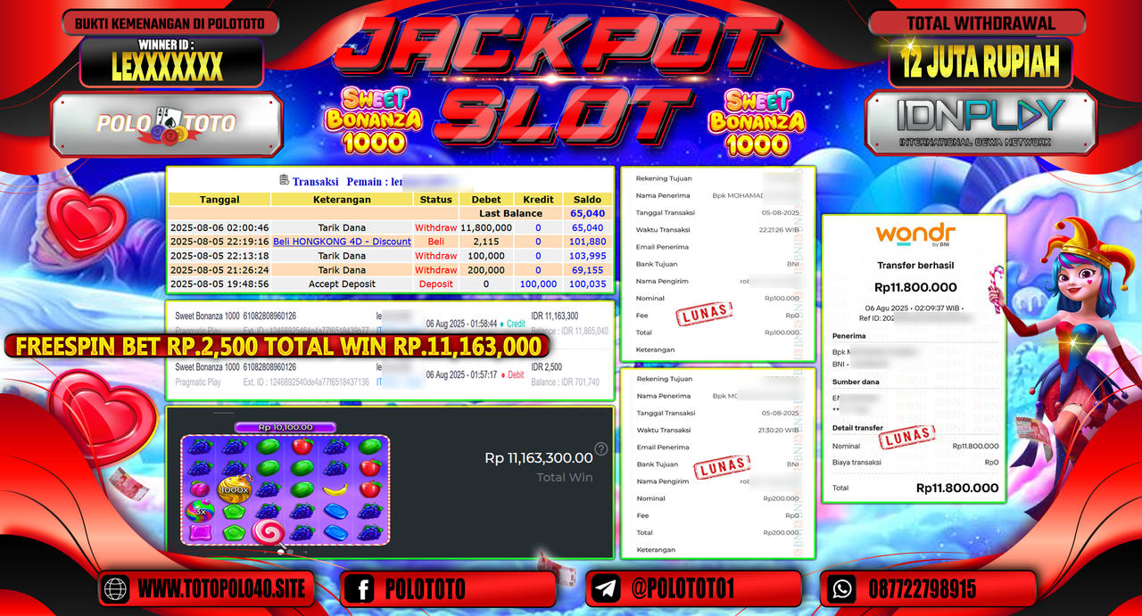 POLOTOTO JACKPOT SLOT SWEET BONANZA 1000 Rp.12.000.000,-LUNAS