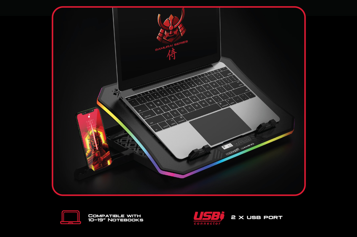 Base de enfriamiento para laptop gamer de Maxell con cuatro ventiladores iluminados.