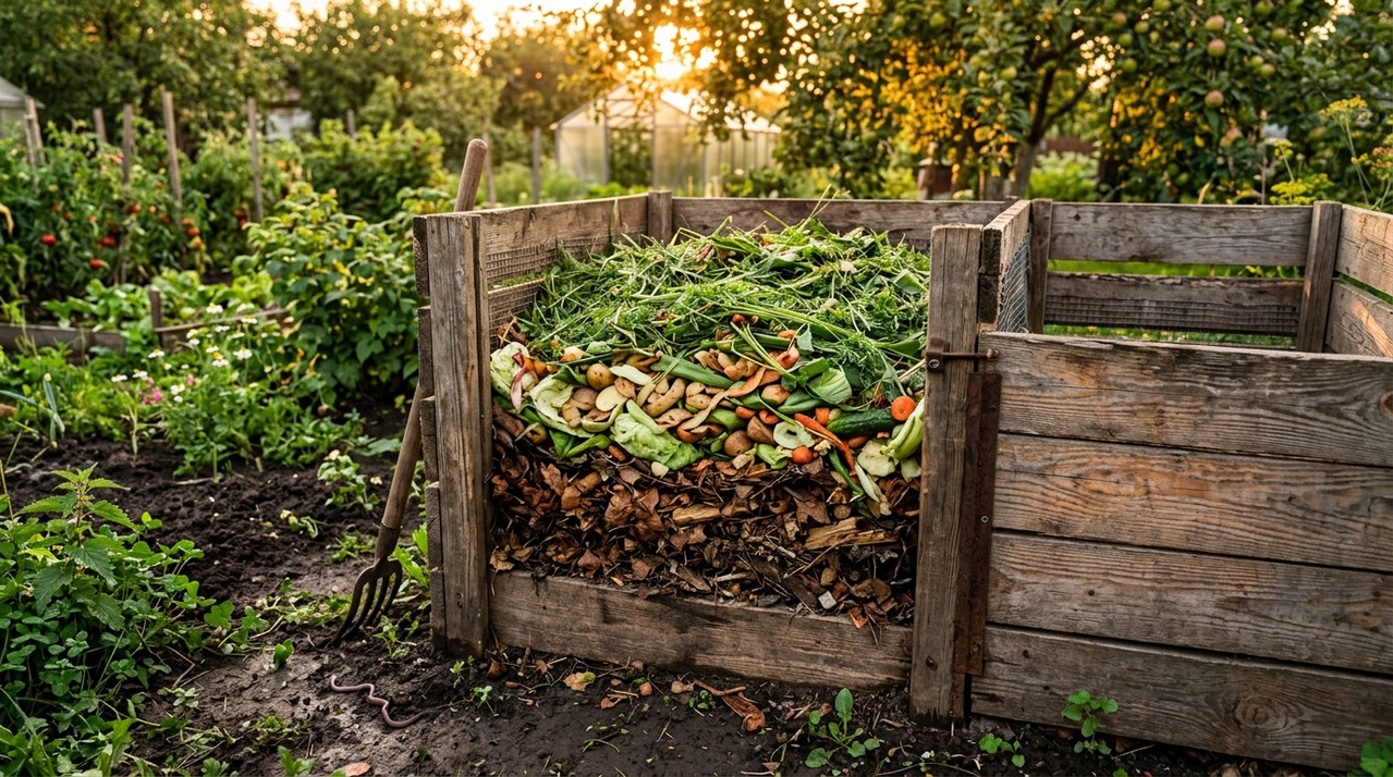 Слои компоста в ящике на дачном огороде с овощными отходами